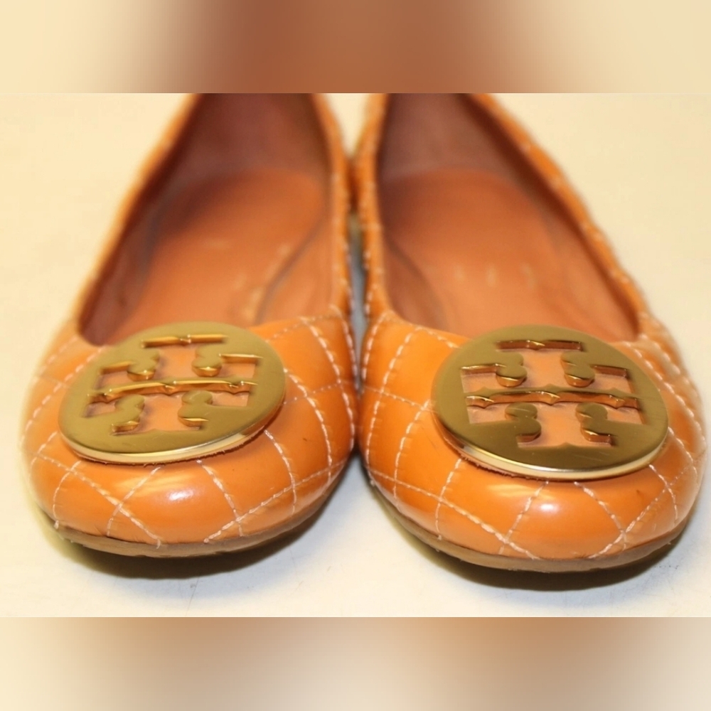 Tory Burch Reva Quilted Patent Leather Ballet Flats Orange Camel Brown Vachetta - Picture 5 of 10